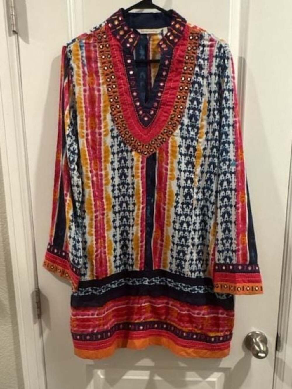 Soft Surroundings Small Multicolor Tie-Dye Beaded Giada Batik Tunic Top 2AP21